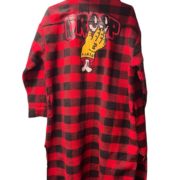 Totally Rad, Large Long red and black plaid coat, calf length. With graphics. - Picture 2 of 2